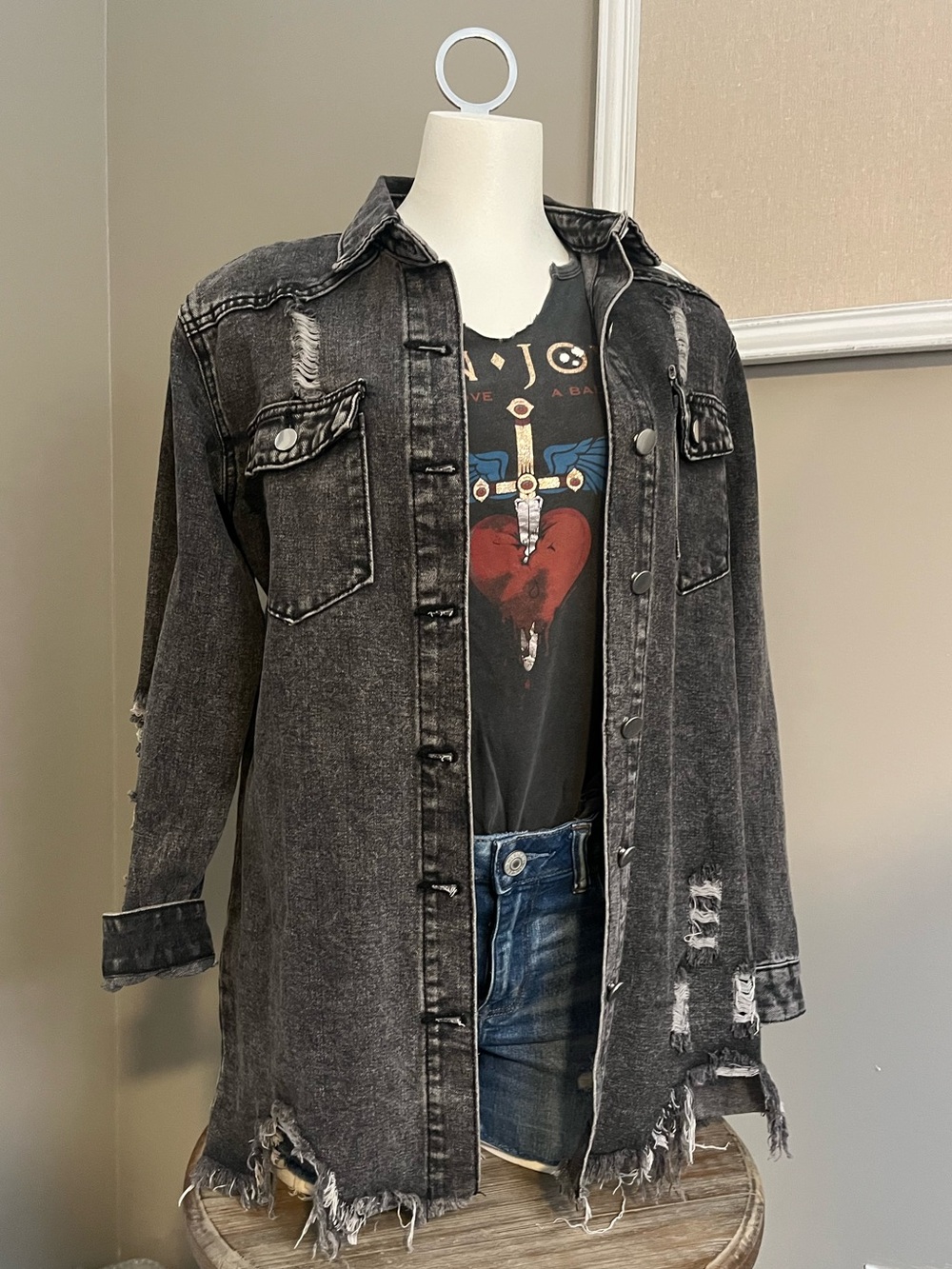 Oversized destructed gray denim jacket